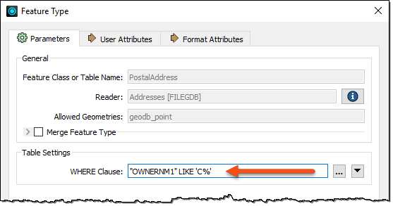 The WHERE clause in a reader feature type